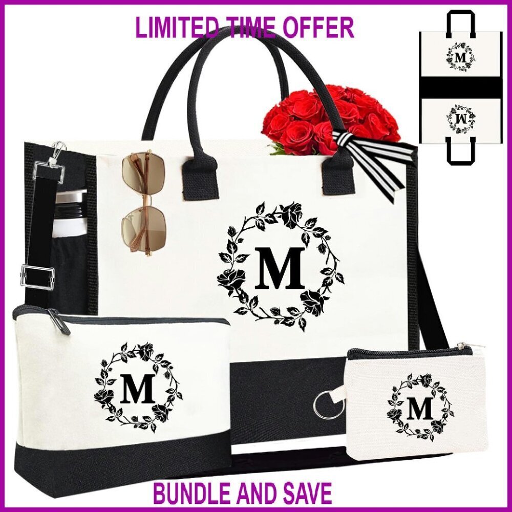 Personalized Monogram Canvas Tote Bag with Cosmetic & Card Pouch